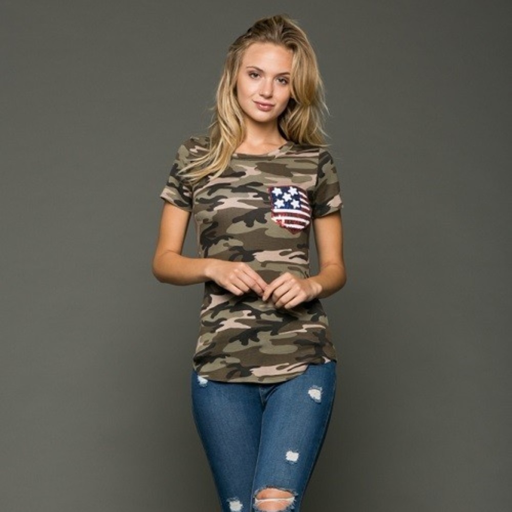 Camouflage American Flag Pocket Top
